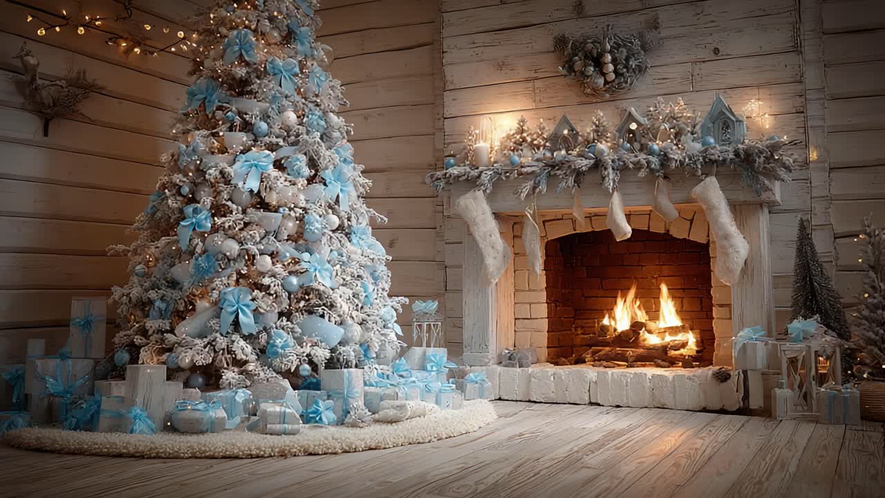 A Cozy, Winter Wonderland Living Room with a Beautifully Decorated Christmas Tree and a Warm Fireplace, Perfectly Capturing the Holiday Spirit in Blue and White Tones