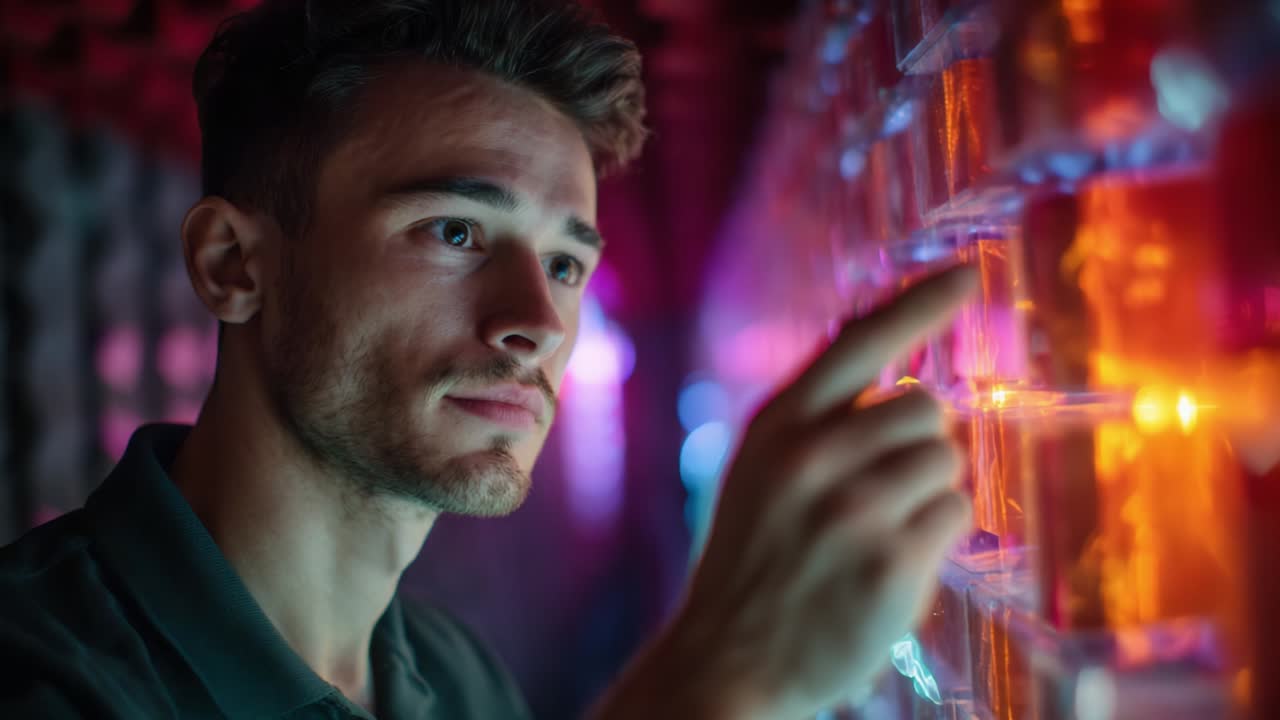 A young man engages thoughtfully with an interactive display, captivated by the vibrant colors and illuminated blocks, reflecting a moment of curiosity and exploration in a dynamic environment