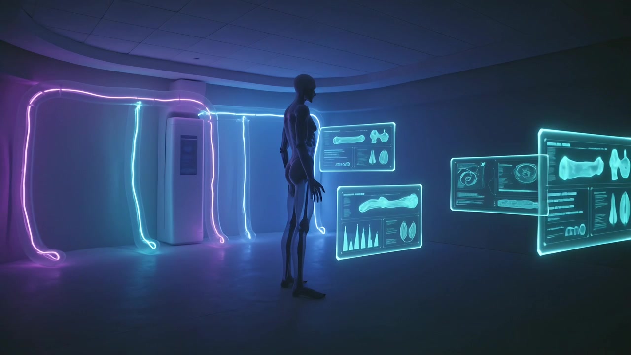 Initiating system projecting expanding hologram panels around android in chamber for scan, neon