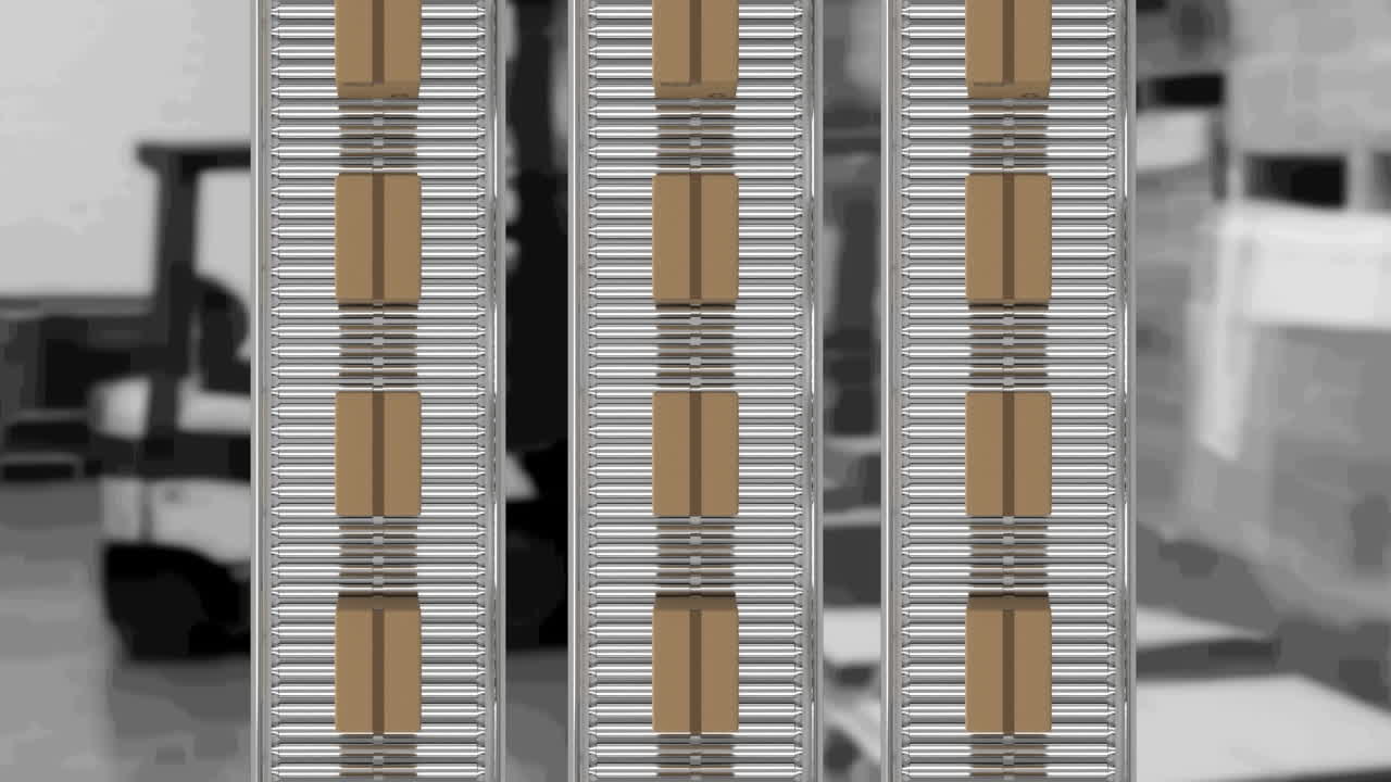 animación de cajas de cartón que se mueven en cintas transportadoras sobre el almacén