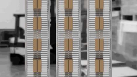 animation of cardboard boxes moving on conveyor belts over warehouse