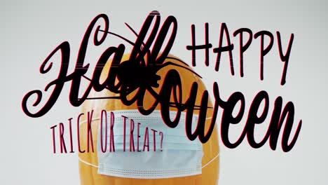 animation of happy halloween text over pumpkin with face mask