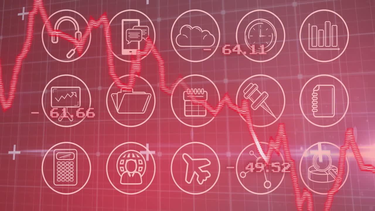 은색 변동 그래프 배경 위의 금융 데이터 및 아이콘 애니메이션