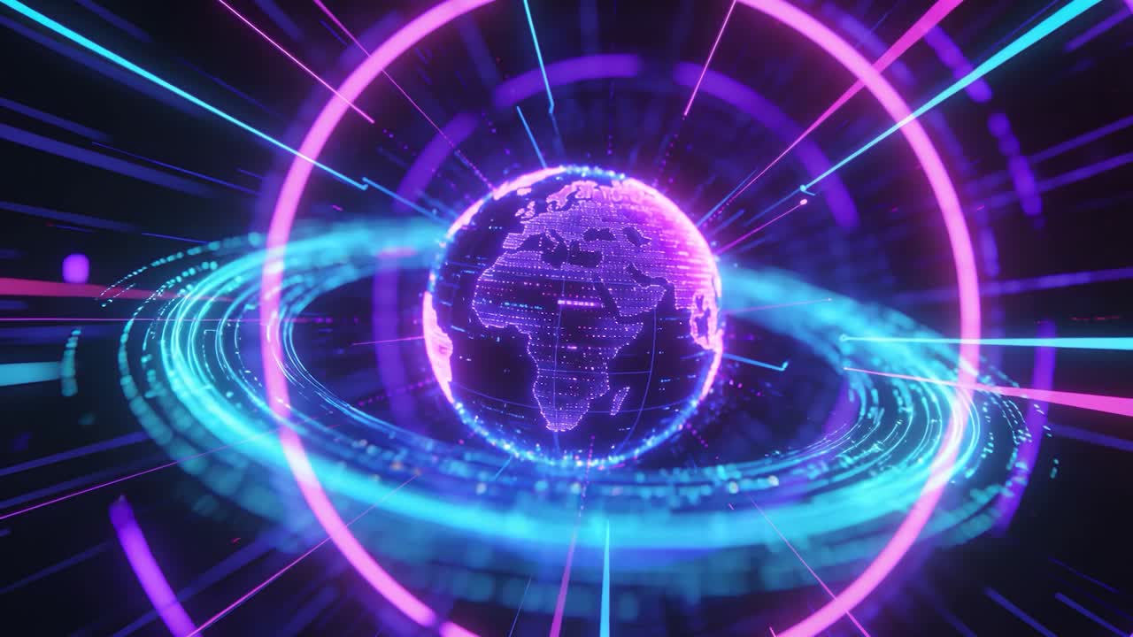 Forming cyan orbital band driving digital globe rotating and scanning in neon, magenta ring pulsing