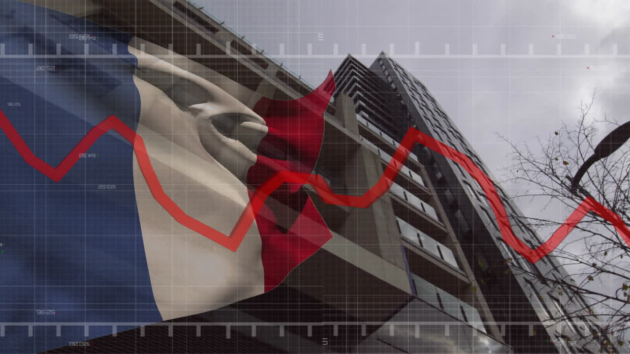 Animation af rød finansiel graf over fransk flag og moderne bygning