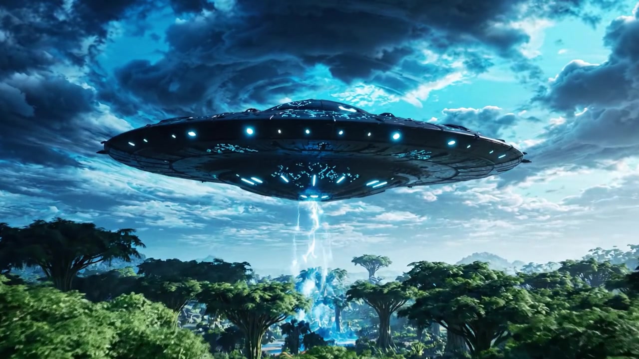 A Mysterious UFO Hovers Over an Enchanted Jungle, Illuminating the Lush Trees Below in a Sci-Fi Landscape of Wonder and Intrigue