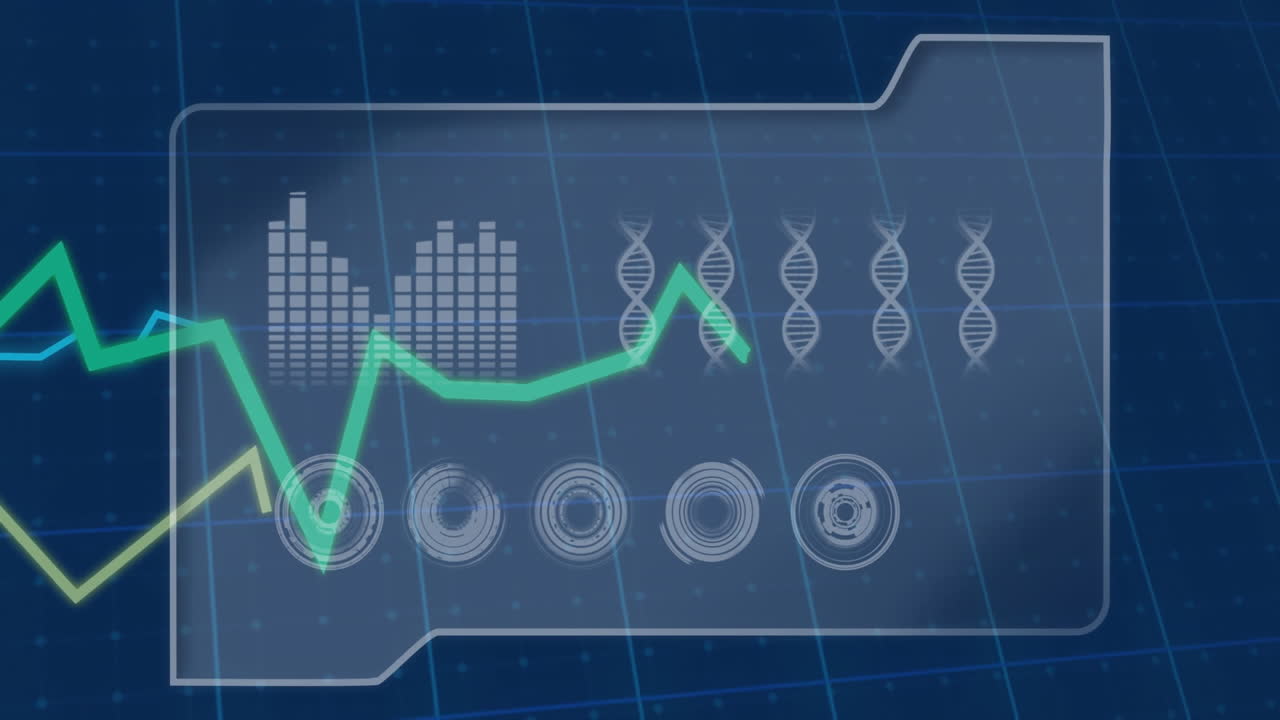 animación de adn y análisis de datos sobre el fondo de la cuadrícula azul