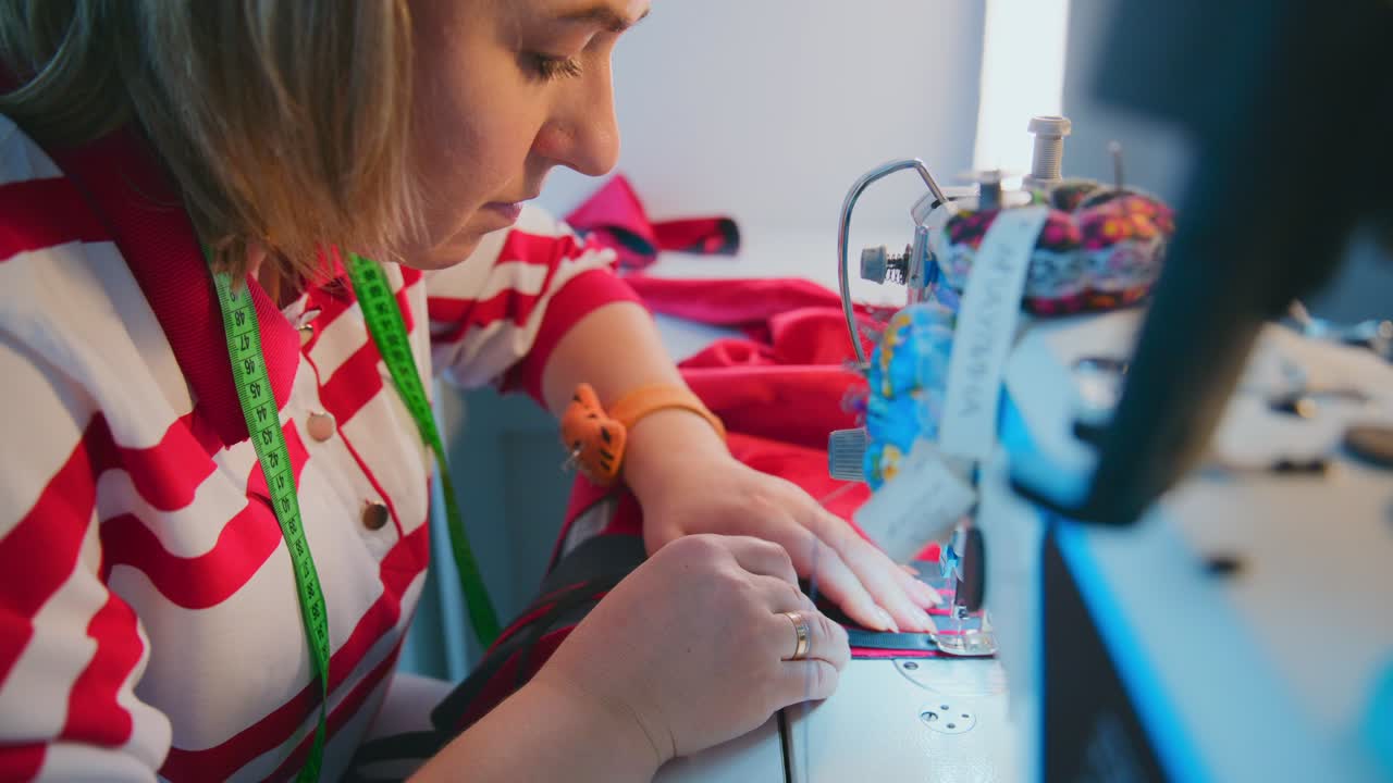 Focused seamstress carefully guides fabric through a sewing machine. Her hands move precisely, showing skill and attention to detail. She wears a striped top and green measuring tape
