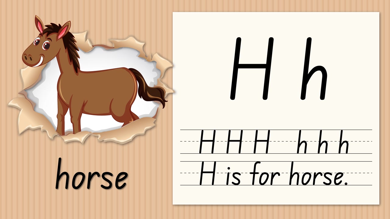 Un video educativo animato insegna la lettera H usando un cavallo dei cartoni animati e righe per la pratica della scrittura a mano