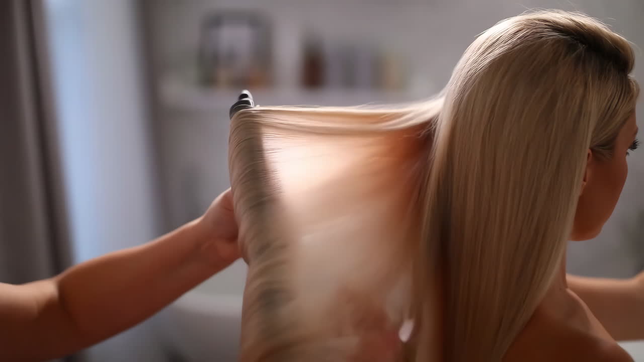 Woman Styling Her Long Blonde Hair