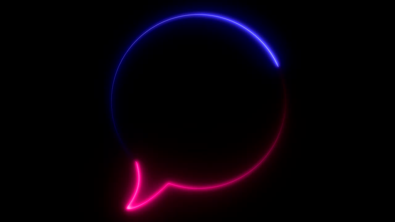 animación de luz. neon rosa y púrpura, señal parpadeante y brillante de burbuja de habla, sobre un fondo negro