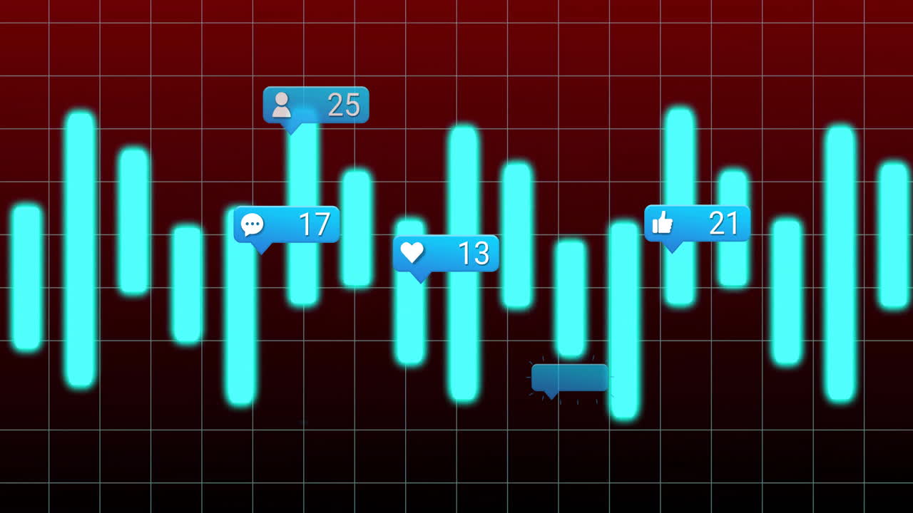 Social media engagement animation with icons over fluctuating bar graph on grid