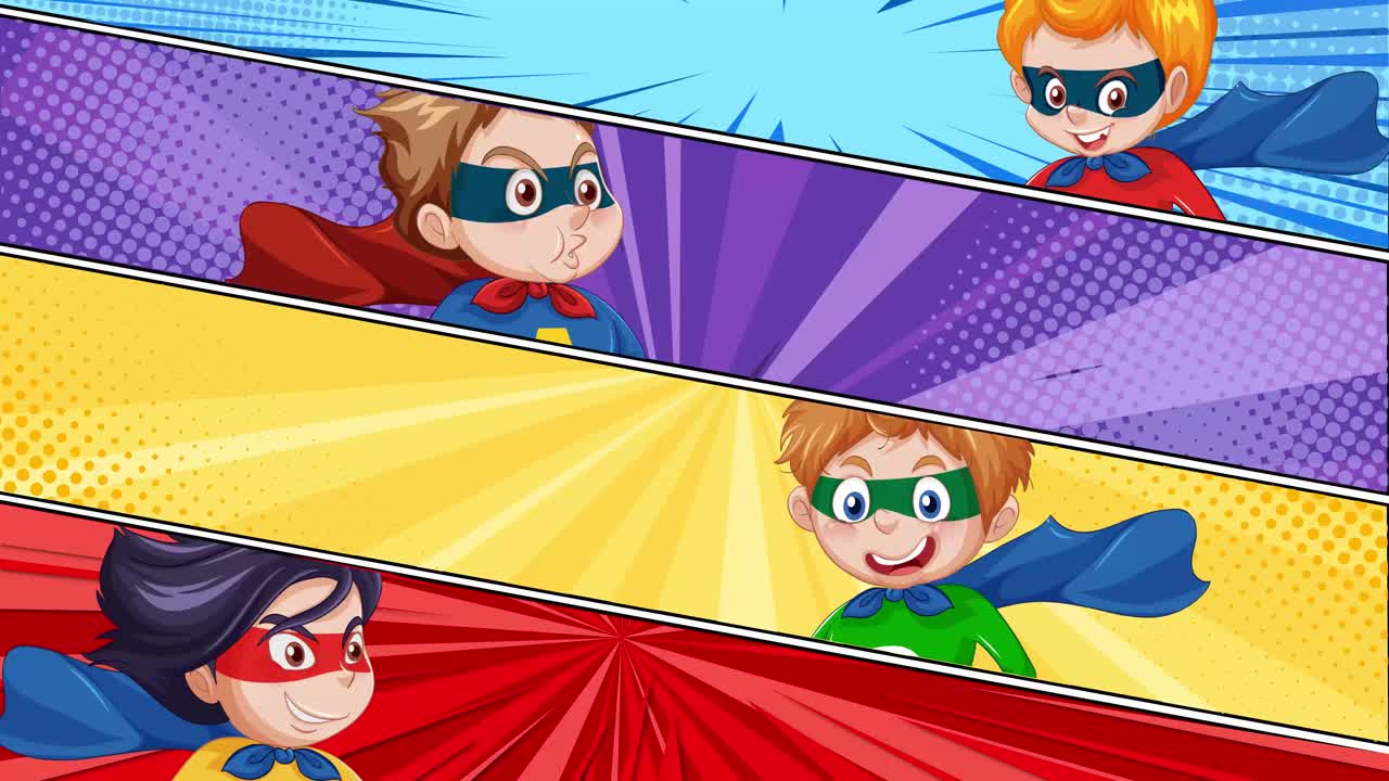 역동적인 배경으로 날아다니는 애니메이션 슈퍼히어로