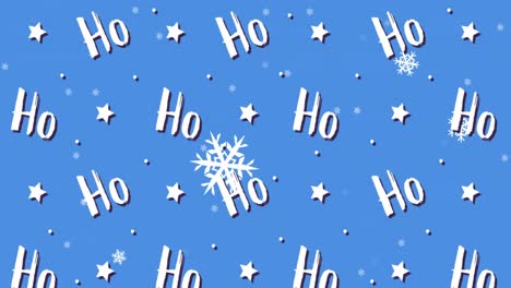 digital animation of snowflakes moving over multiple ho text and stars against blue background