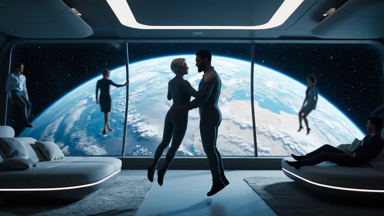 Futuristic Interior with Earth View and Floating People