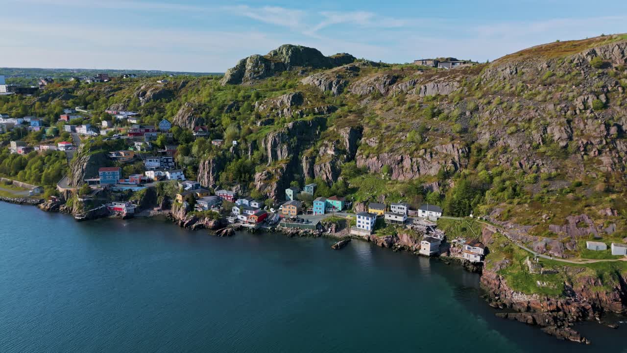 Slow drone spin of the Outer Battery in St. John's, Newfoundland, Canada, with Signal Hill looming above.