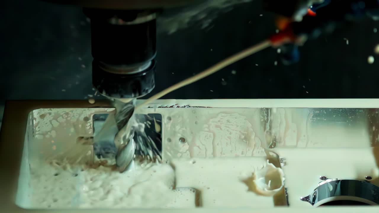 Una vista ravvicinata di una fresatrice CNC che taglia un pezzo di metallo con liquido refrigerante spruzzato sul processo.