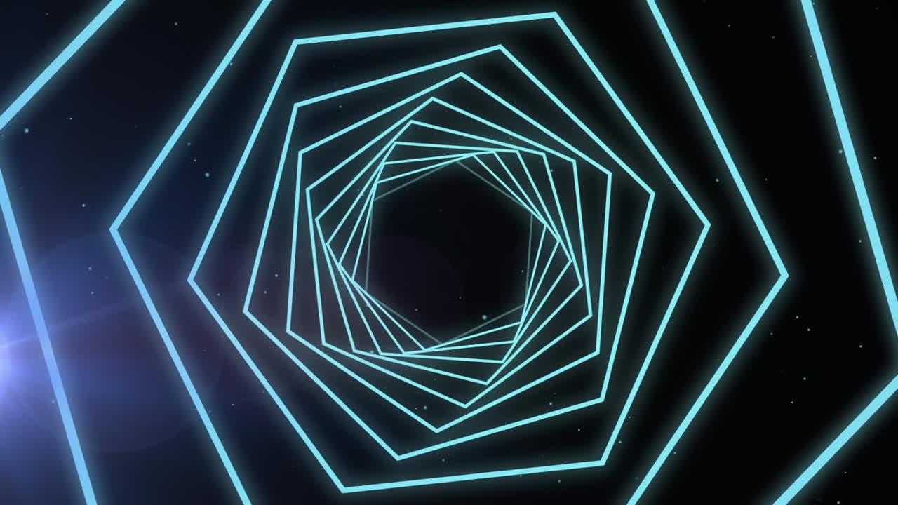 formas hexagonales que giran en movimiento sin costuras contra un punto de luz sobre un fondo negro