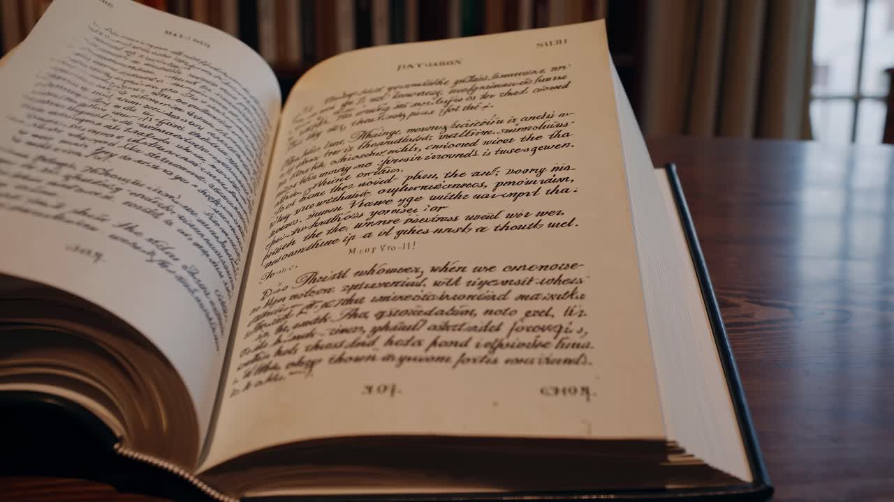 Accogliente scena in una biblioteca con un libro aperto in primo piano, ripresa da una angolazione bassa