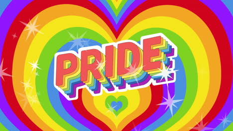 animación de orgullo lgbtq texto y estrellas cayendo sobre el fondo del arco iris del corazón