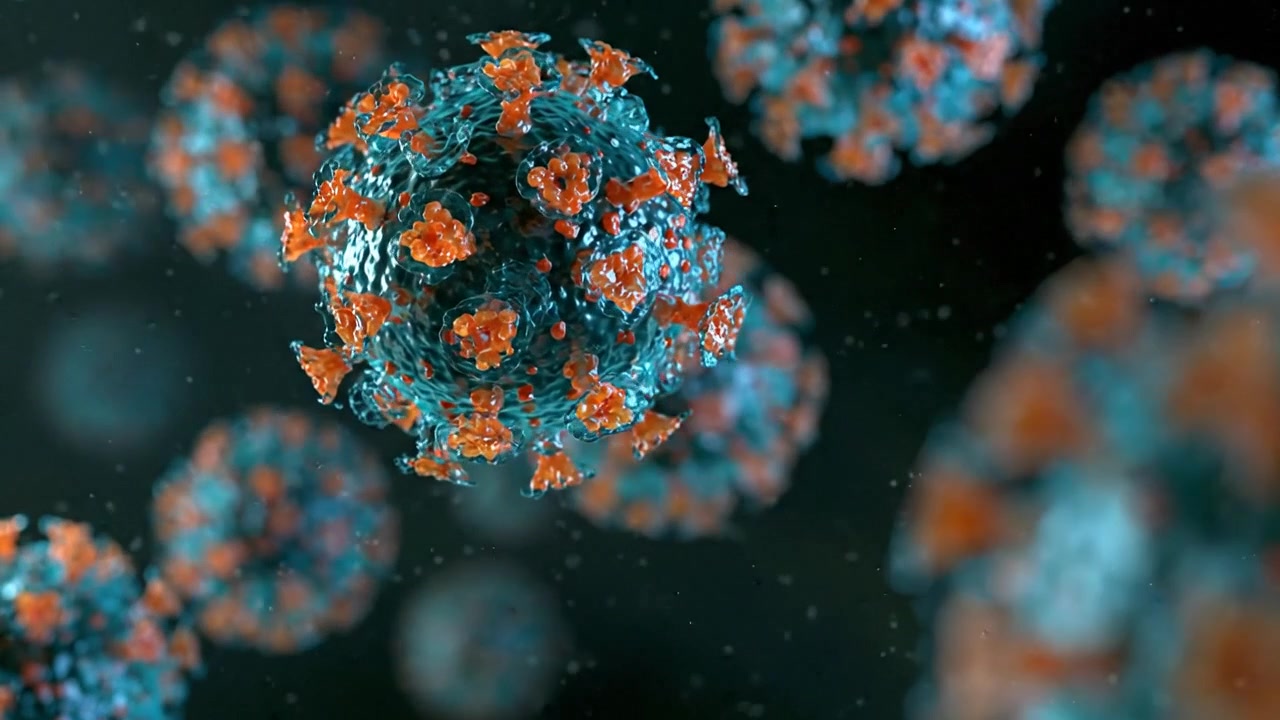 Partícula viral detallada rodeada de partículas más pequeñas en visualización microscópica