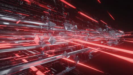 abstract futuristic cyber tunnel with red light streaks and geometric shapes