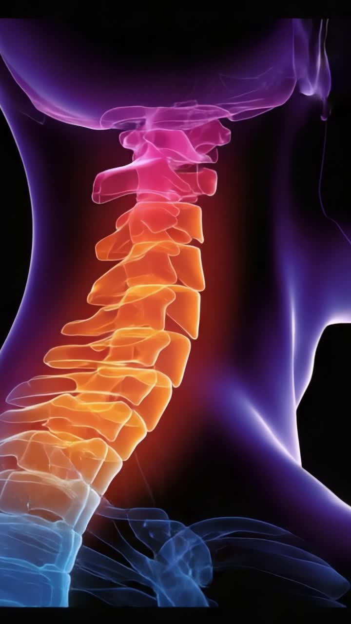 Anatomisk illustration af den menneskelige rygsøjle med farvegradient, der fremhæver halshvirvelregionen i en levende, kunstnerisk repræsentation.