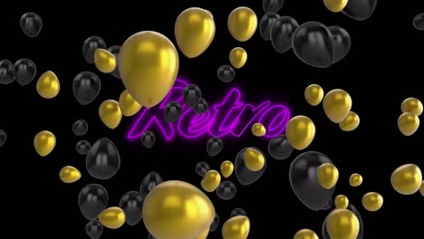 Golden-and-black-balloons-floating-over-neon-purple-retro-text-signboard-against-black-background