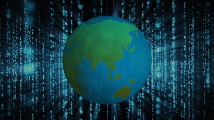 Animation of red flying lights over globe and data processing