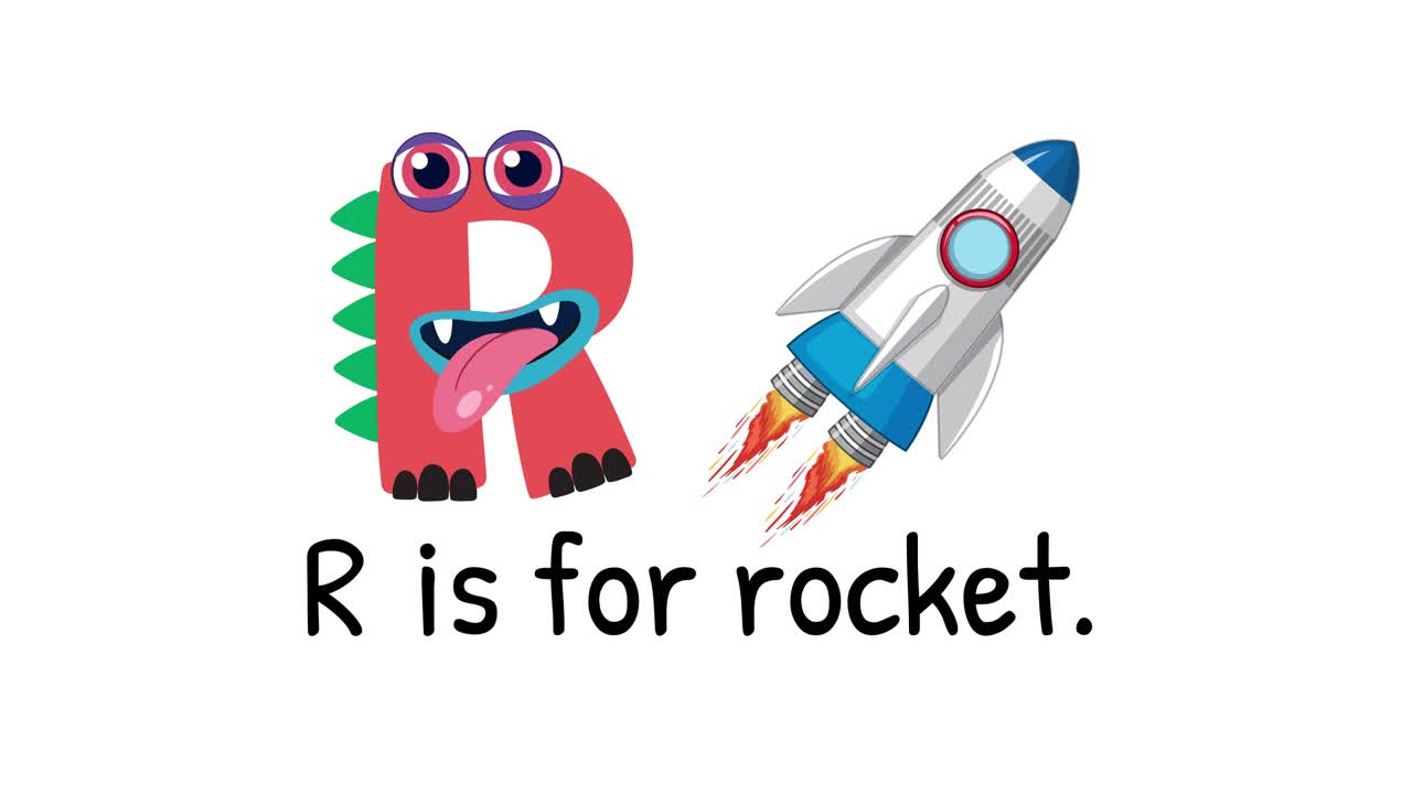 Playful animation of letter R transforming into a rocket, highlighting vibrant colors and dynamic movement on a white background