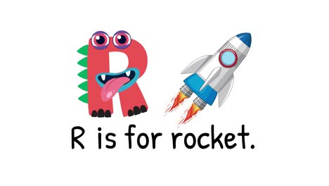 playful animation of letter r transforming into a rocket, highlighting vibrant colors and dynamic movement on a white background