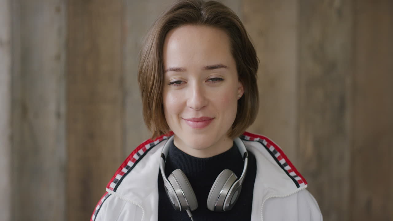 retrato de una chica adolescente linda sonriendo feliz vistiendo elegante moda de moda belleza femenina en cámara lenta