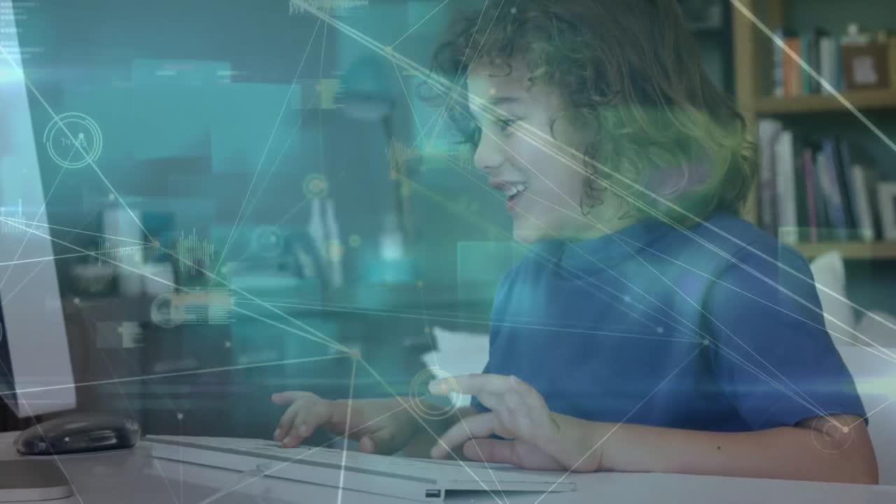 Network of connections and data processing against caucasian boy using computer