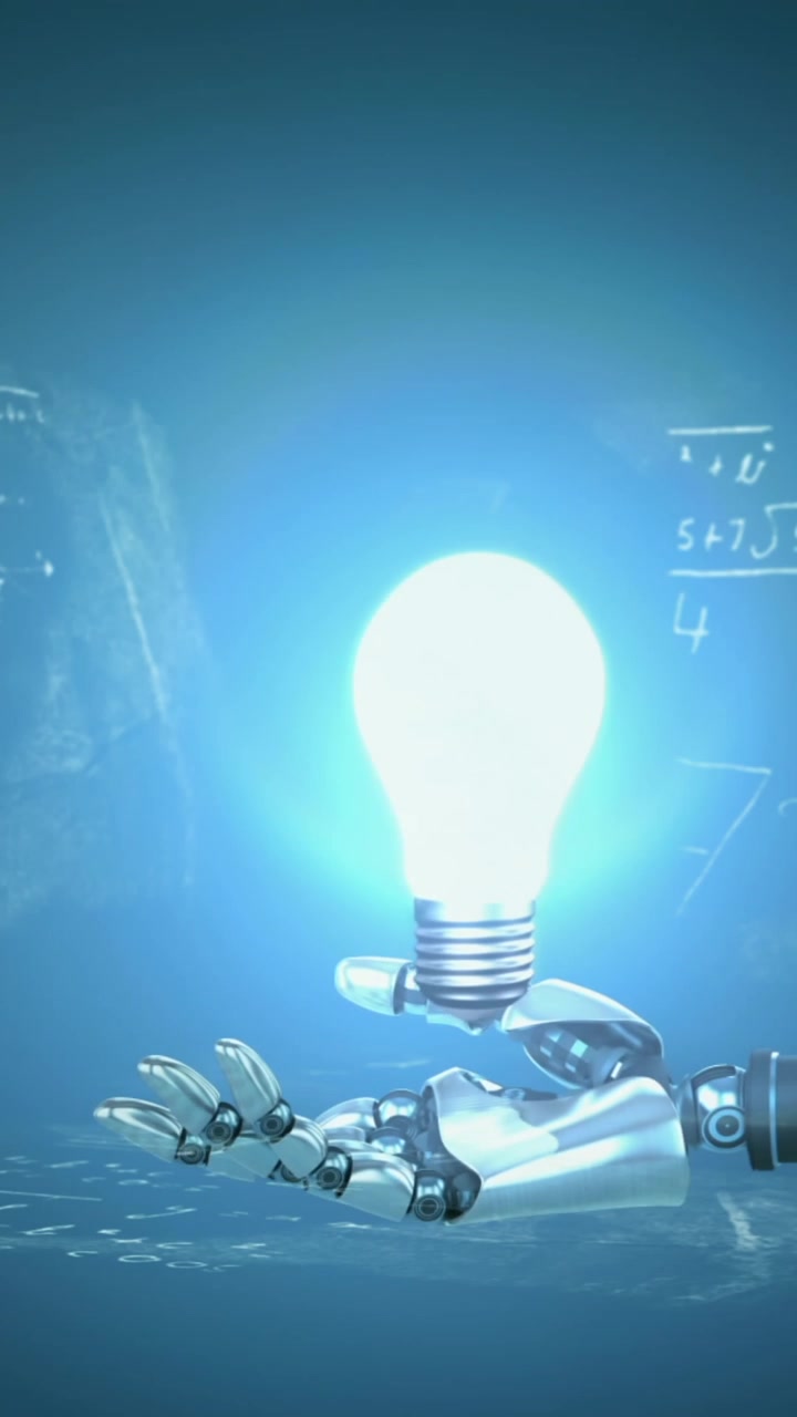 Animation of a light bulb in the palm of a robot arm on mathematical formulae background