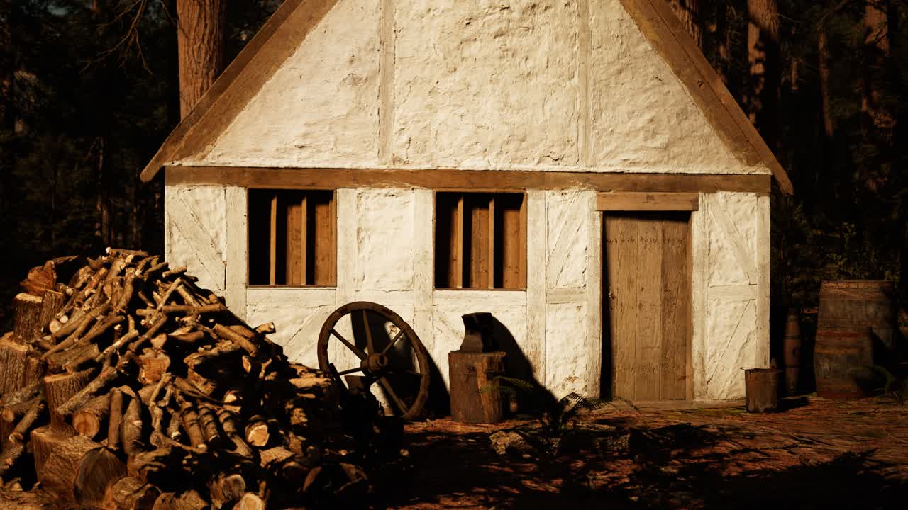 가을의 숲에 있는 오래된 나무 집