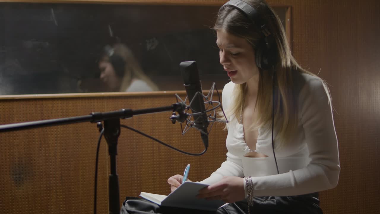 hermosa cantante que trabaja en un estudio de música