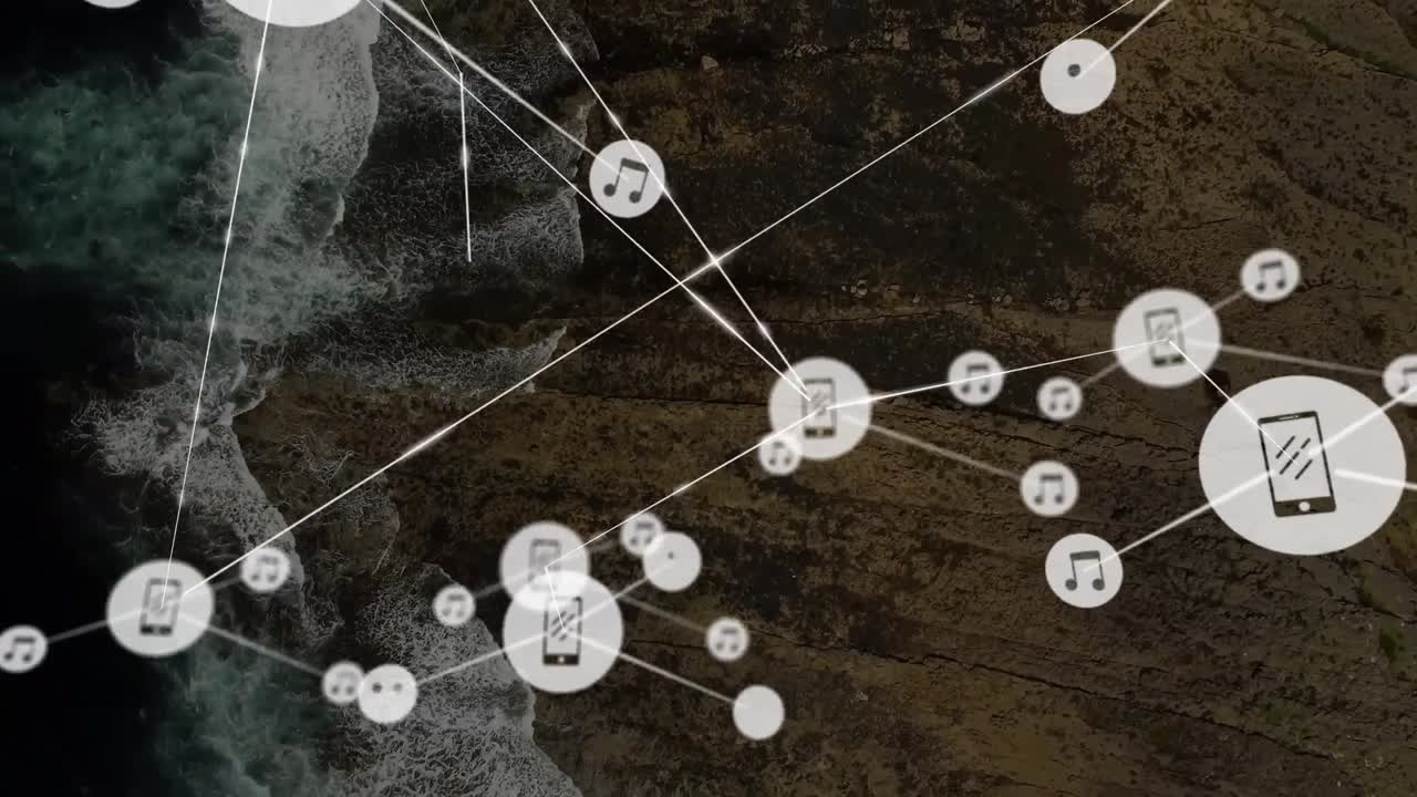 바다 전망 위의 아이콘과 연결 네트워크의 애니메이션
