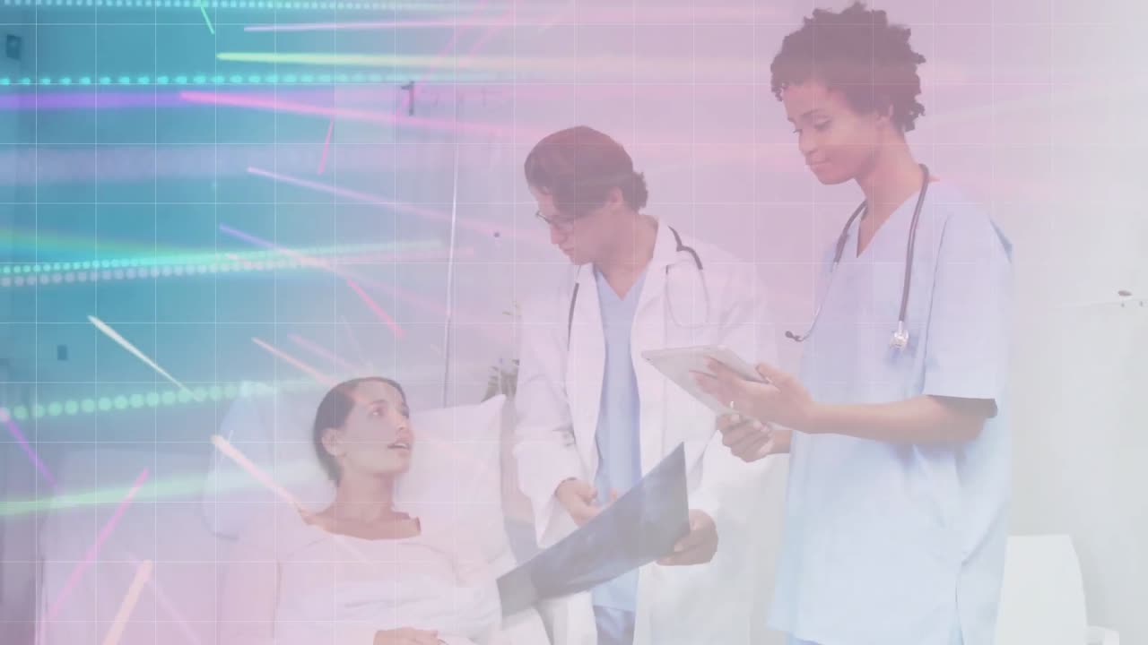 다양한 여성과 남성 의사가 환자와 대화하는 디지털 화면의 애니메이션
