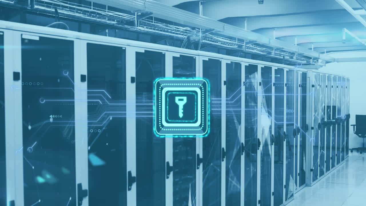 사각형의 키, 회로판 패턴 및 데이터 서버 랙에 연결된 점의 애니메이션