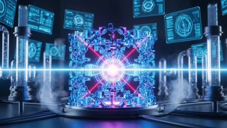 a mesmerizing view of a futuristic energy core surrounded by glowing technology, showcasing vibrant colors and intricate designs within a high-tech laboratory setting