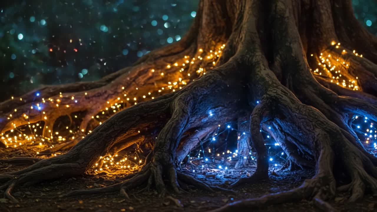 A Captivating Display of Illuminated Roots: Enchanting Blue and Gold Lights Intertwine with Nature Beneath the Ancient Tree, Creating a Magical Atmosphere in an Enchanted Forest Scene
