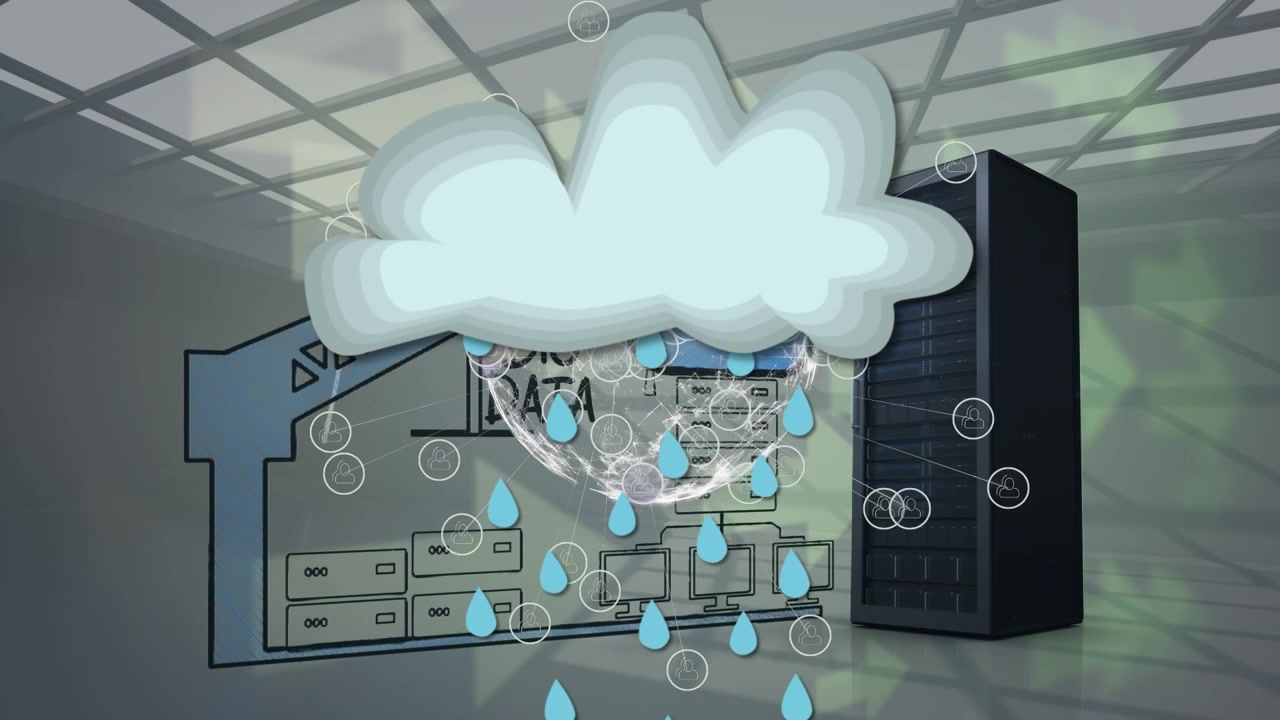Animation of cloud with rain icon and globe over icons and server room
