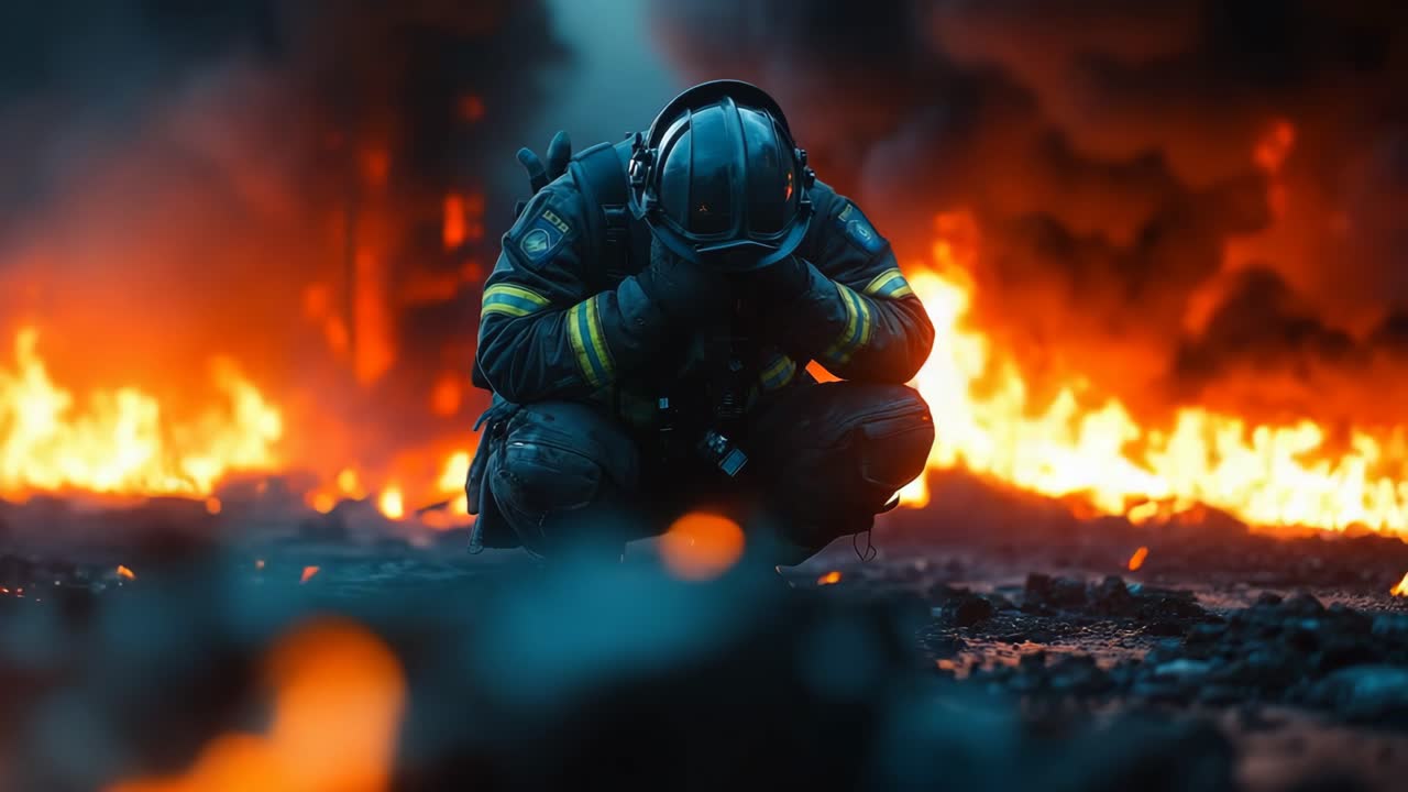 Firefighter kneels near blazing flames. A weary firefighter kneels before intense flames, embodying both exhaustion and determination in the blaze.