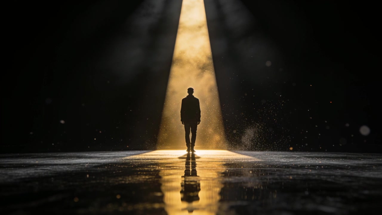 Uomo in controluce che entra, indossando un abito, camminando verso il centro su un raggio dorato sul palco, pavimento lucido, nebbia.