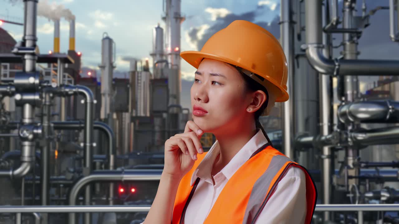 Close Up Side View Of Asian Female Engineer With Safety Helmet Thinking And Looking Around Then Raising Her Index Finger While Standing In a Refinery, Oil Processing Equipment And Machinery