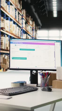 vertical video empty large scale storehouse managing goods distribution from industrial racks