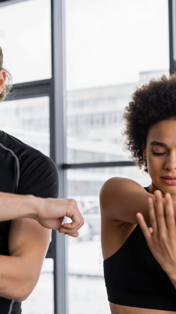 Vertical video: Cooling woman stretching, shifting grip, rubbing elbow at studio windows in bra