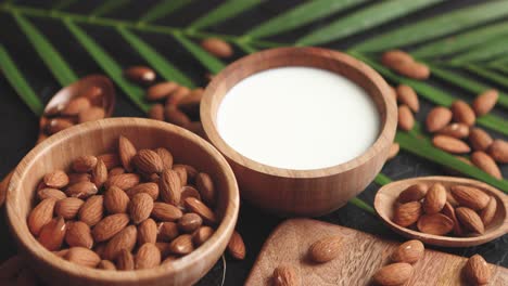 Cerca-De-Almendras-En-Un-Tazón-De-Madera-Y-Leche-De-Almendras