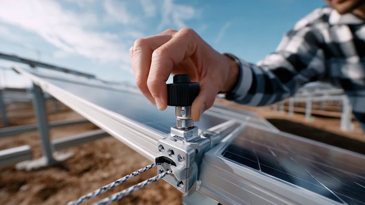 A close-up view of a person adjusting a mechanism on a solar panel, highlighting the technical aspects of solar energy systems and the hands-on work involved in setting up renewable energy solutions