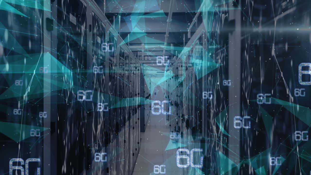 animación de formas y textos 6g sobre la sala del servidor